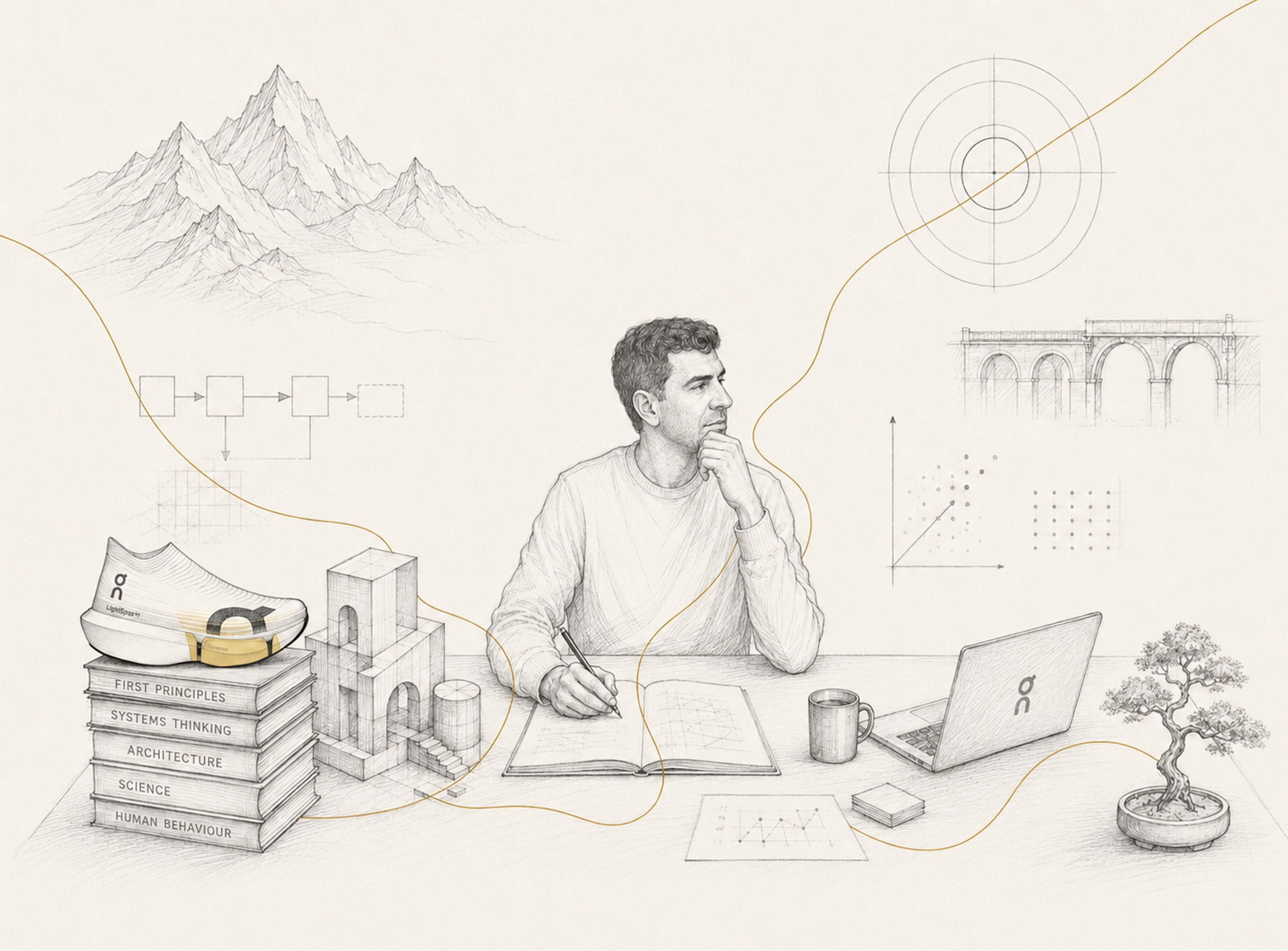 An illustration of how I think: mountains, first principles, systems thinking, architecture, science and human behaviour, a running shoe, a bridge, graphs and a bonsai, connected by a single gold thread.